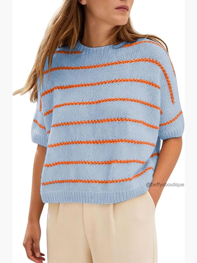Striped Short Sleeve Sweater Pullover Crewneck Lightweight Cropped Knit Top